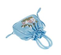 VALICLUD Embroidered Handbag Drawstring Purse Ethnic Style Linen Handbag for Women Small Tote Bag in Lake Blue Suitable for Daily Use and Travel