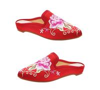 VALICLUD Fluffy Ethnic Style Mule Slippers for Women Embroidered Home Slippers Breathable Sweat-Absorbing Material