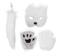 VALICLUD Fluffy Fox Mask Tail and Gloves Set Reusable Furry Animal Costume for Halloween Masquerade Parties White Faux Fox Cosplay Accessory Kit for Adults