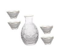 VALICLUD Japanese Style Glass Sake Pot with Smooth-Edged Cups Transparent Striped Design Safe Selected Glass Material Elegant Decorative Liquor Serving for Home and Bar Use Random Color