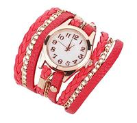 VALICLUD Ladies Pu Leather Wrap Bracelet Watch Red Woven Strap Digital Dial Casual Women's Wristwatch for Everyday Wear