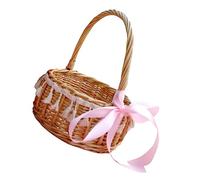VALICLUD Macrame Design Wicker Fruit Basket Small Handwoven Storage Basket with Sturdy Handle for Picnic Bread and Fruit Portable Front Door Organizer in Natural Wood Tone
