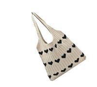 VALICLUD Oversize Khaki Knitted Tote Bag with Heart Design Shoulder Shopping Bag for Women Vacation Beach Use Stylish Handbag for Everyday Essentials