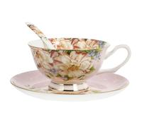 VALICLUD Porcelain Coffee Cup and Saucer Set European Style Flower Pattern with Spoon Fine Bone China Tableware for Wine and Juice in Bakery or Dessert Shop