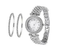 VALICLUD Rhinestone Watch and Bracelet Set for Women Stainless Steel Quartz Movement Silver Color 2pcs Set for Parties and Everyday Wear