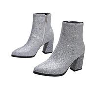 VALICLUD Sequined Pointed Toe Ankle Boots for Women Autumn Winter Hoof Heel Design Material with Non-slip Sole Side Zipper for Easy Wear Stylish Silver Boots