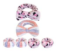 VALICLUD Spa Headband and Wristband Set 6pcs, Pink Leopard and Blue Red Striped Fleece Hair Bands for Face Washing, Makeup, Skincare Accessories for Women