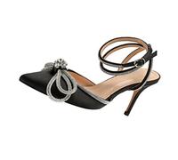 VALICLUD Strappy Rhinestone Bow High Heels Satin Pointed Toe Platform Shoes Waterproof PU Summer Sandals for Women Black