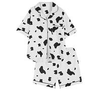 VALICLUD Summer Women Pajamas Set Cartoon Cow Print Cotton Cardigan Short Sleeve Shorts Two-piece Casual Homewear