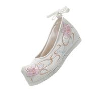 VALICLUD Thick Soled Hanfu Embroidered Shoes Ethnic Silk Cloth with Slip Sole for Women Chinese Retro Style Vintage Slope Heel Footwear Suitable for Traditional Costumes and Daily Wear White
