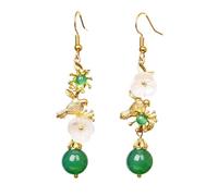 VALICLUD Vintage Long Drop Green Agate Earrings with Hook Ethnic Style Flower Ear Pendants for Women Prosperity Blessing Jewelry Gift for Graduation Wedding and Friendship