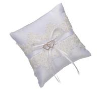 VALICLUD White Lace Double Heart Wedding Ring Pillow Hollow Design and Pearl Accents, Engagement Ring Bearer Cushion for Bridal and Flower Girl Ceremony