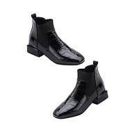 VALICLUD Womens Black Patent Leather Ankle Boots with Thick Block Heel, Back Pull up Loops for Easy Wear, Smooth Sl xterior, Single Lining, Stylish Short Boots for Casual and Office