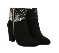 VALICLUD Women's Chunky Heel Wedding Boots Rhinestones, Black Ankle Booties for Autumn Winter, Size 39, Bridal Pumps Short Boots for Wedding and Formal Occasions