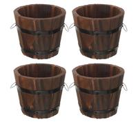 VALICLUD Wood Flower Planter Pot 4Pcs Small Whiskey Barrel Style with Iron Frame for Vegetable and Succulent Gardening on Patio and Outdoor Use