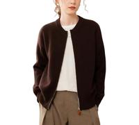 Valin Women 95% Cashmere Cardigan Brown Crewneck Knitted Cardigan Long Sleeve Relaxed Cashmere Wool Thick Zip-up Ladies Sweater,UK One Size,SPR2451