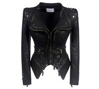 Valin Women Black Zip Up Faux Leather Biker Jacket,P603,2XL