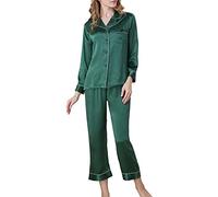Valin Women Green Plain 100% Silk Pajama Set Top and Capri Pants Sleepwear 19 Momme Silk Long Sleeve Sleepwear,L,T8002