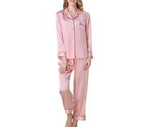 Valin Women Pink Plain 100% Silk Pajama Set Top and Capri Pants Sleepwear 19 Momme Silk Long Sleeve Sleepwear,L,T8002