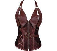Valin Women Plus Size Lace up Corset Faux Leather G-String Top Corset Steel Boned,C653,Brown,XXL