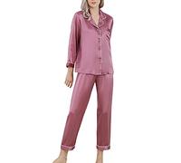 Valin Women Purple Plain 100% Silk Pajama Set Top and Capri Pants Sleepwear 19 Momme Silk Long Sleeve Sleepwear,L,T8002