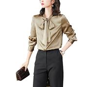 Valin Women's Beige Silk Blouses Button Down Shirts Top Solid Long Sleeve Tie Neck Blouse,XXL,S6620