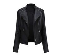 Valin Women's Black Faux Leather Biker Jacket Short PU Moto Biker Outwear Fitted Zipper Jacket Stand Collar Spring and Autumn Coat,16,P6638