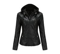 Valin Women's Black Stylish Faux Leather Jacket Hooded Zipper Slim Short Biker Jacket,5XL,C6699N