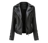 Valin Women's Black Stylish Faux Leather Jacket Lapel Zipper Slim Short Biker Jacket,M,C5091N