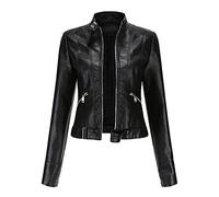 Valin Women's Black Stylish Faux Leather Jacket Stand Collar Zipper Slim Short Biker Jacket,M,C02N