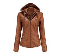 Valin Women's Brown Stylish Faux Leather Jacket Hooded Zipper Slim Short Biker Jacket,XL,C6699N