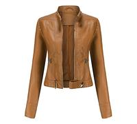 Valin Women's Brown Stylish Faux Leather Jacket Stand Collar Zipper Slim Short Biker Jacket,L,C02N