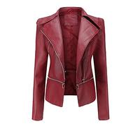 Valin Women's Burgundy Stylish Faux Leather Jacket Lapel Zipper Slim Short Biker Jacket,S,C06N