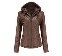 Valin Women's Dark Brown Stylish Faux Leather Jacket Hooded Zipper Slim Short Biker Jacket,XL,C6699N