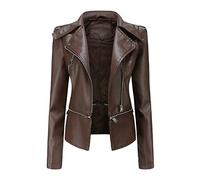 Valin Women's Dark Brown Stylish Faux Leather Jacket Lapel Zipper Slim Short Biker Jacket,L,C06N