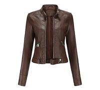 Valin Women's Dark Brown Stylish Faux Leather Jacket Stand Collar Zipper Slim Short Biker Jacket,S,C02N
