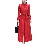 Valin Women's Faux Leather Red Trench Coat Long Slim Long Sleeve Single Breasted Trench Jacket,UK 10,V6701