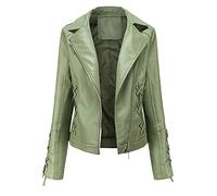 Valin Women's Green Stylish Faux Leather Jacket Lapel Zipper Slim Short Biker Jacket,3XL,C5091N