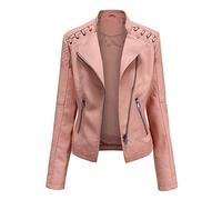Valin Women's Pink Faux Leather Biker Jacket Short PU Moto Biker Outwear Fitted Zipper Jacket Stand Collar Spring and Autumn Coat,16,P6638