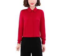 Valin Women's Red Silk Blouses Button Down Shirts Top Solid Long Sleeve Lapel Blouse,XL,S1908