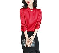 Valin Women's Red Silk Blouses Pullover Shirts Top Solid Long Sleeve Lapel Blouse,XL,S6621