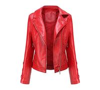 Valin Women's Red Stylish Faux Leather Jacket Lapel Zipper Slim Short Biker Jacket,M,C5091N