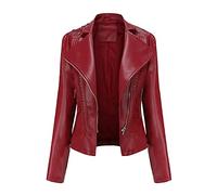 Valin Women's Red Stylish Faux Leather Jacket Lapel Zipper Slim Short Biker Jacket,S,C6637N
