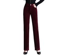 Valin Women's Straight-Leg Trousers Burgundy High-Waisted Plus Size Trousers Work Business Office Corduroy Spring and Autumn Thick Ladies Trousers,UK 14,V12
