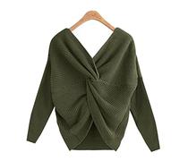 VALINK Backless Sweater for Women, Springtime V Neck Twisted Back Sweater for Women Criss Cross Backless Long Batwing Sleeve Loose Knitted Pullovers
