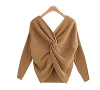 VALINK Backless Sweater for Women, Springtime V Neck Twisted Back Sweater for Women Criss Cross Backless Long Batwing Sleeve Loose Knitted Pullovers