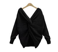 VALINK Backless Sweater for Women, Springtime V Neck Twisted Back Sweater for Women Criss Cross Backless Long Batwing Sleeve Loose Knitted Pullovers