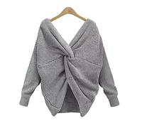 VALINK Backless Sweater for Women, Springtime V Neck Twisted Back Sweater for Women Criss Cross Backless Long Batwing Sleeve Loose Knitted Pullovers