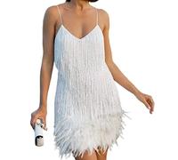 VALINK Sequins Tassel Party Dresses Women Eye-catching Stretchy For Evening Cocktail Party Sexy Tassel Sequin Shoulder Strap White