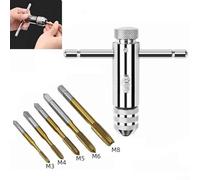 Valixirant 6pcs Adjustable T-Handle Ratchet Tap Wrench Set with Steel and Knurled Chuck, Plated Finish for -M8 Screw Taps and Reamers, Silver Gold